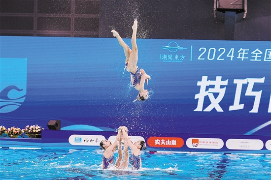 2024年全國花樣游泳錦標賽在江門完美收官。圖為運動員比賽精彩瞬間。