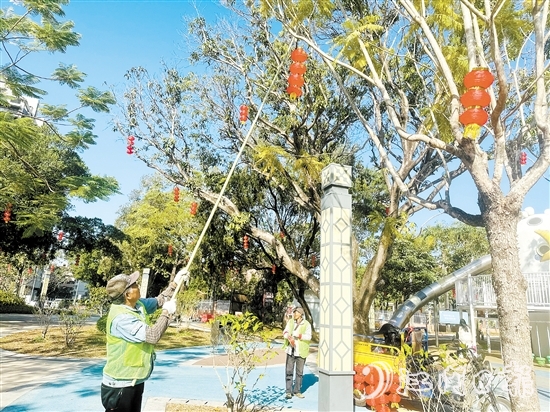 工作人員在開(kāi)平市各大公園懸掛燈籠，喜迎新春。