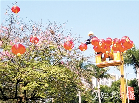 在臺(tái)山城區(qū)街頭，大紅燈籠高高掛起，將城市街道裝點(diǎn)得喜氣洋洋。