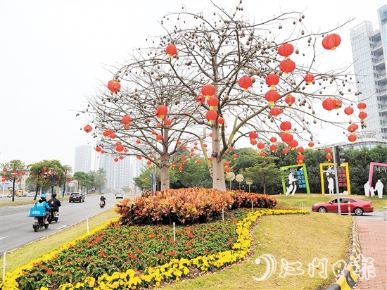 鶴山城區(qū)主要干道增花添綠、張燈結(jié)彩，新春氛圍濃厚。