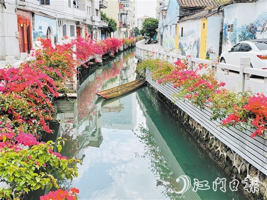外海街道直沖村一河兩岸花團(tuán)錦簇，美景如畫。