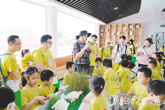 來自江門市教育第一幼兒園的親子家庭參加現(xiàn)場觀鳥研學(xué)活動。