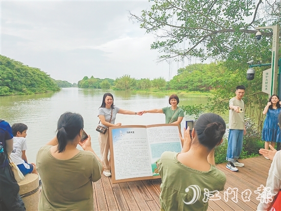 游客紛紛與“鳥的天堂”合影。