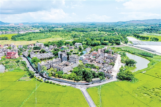 在“全國文明村”開平市塘口鎮(zhèn)強亞村，碉樓古韻與文明新風相映成趣。