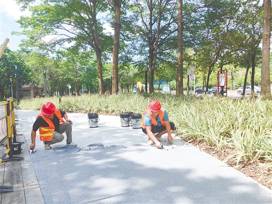 城管部門在釜山公園試點鋪裝樹脂水洗石。