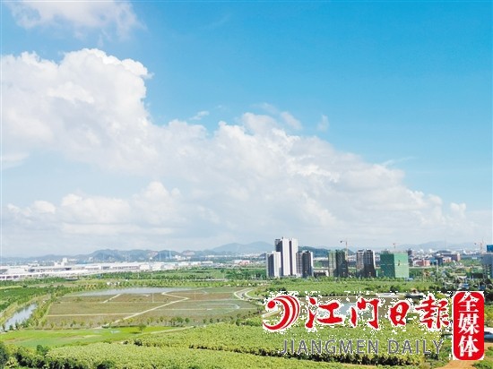 梅江農(nóng)業(yè)生態(tài)園顯現(xiàn)出新會(huì)樞紐新城“半城繁華半城綠”的發(fā)展格局。